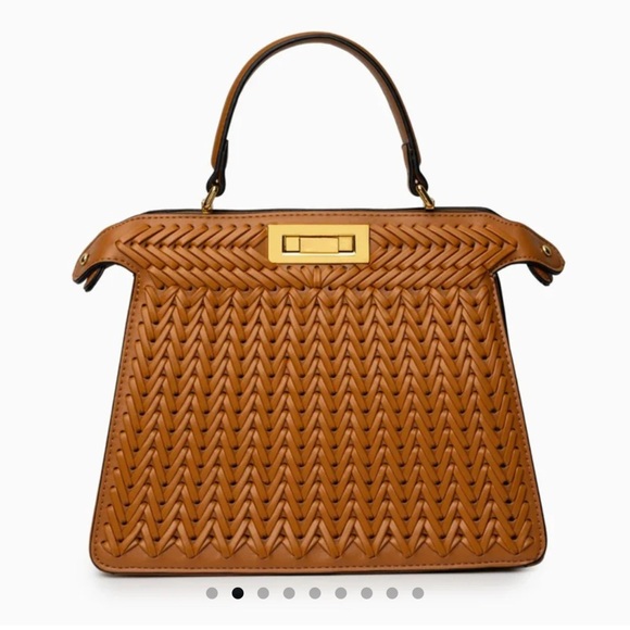 WOMENS WOVEN SHOULDER HANDBAG WITH LEATHER HANDLE BROWN W GOLD HARDWARE - Picture 1 of 12